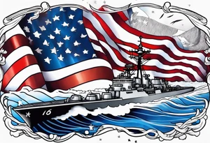 US Navy Ships and huge american flag sleeve tattoo idea