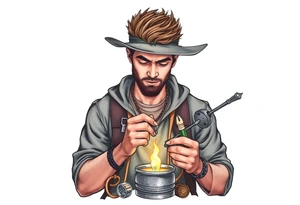 Young guy is exploring witch supplies, tools, equipment tattoo idea