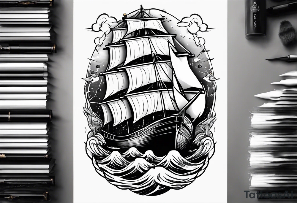 ship in a bottle, but the ship is in a storm tattoo idea