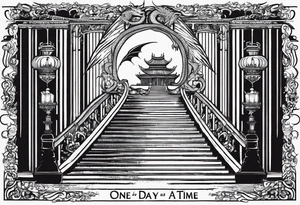 in vertical line, a dragon coming up on stairs and an angel at the top , with the words "One day at a time" and date 4.14.24 tattoo idea