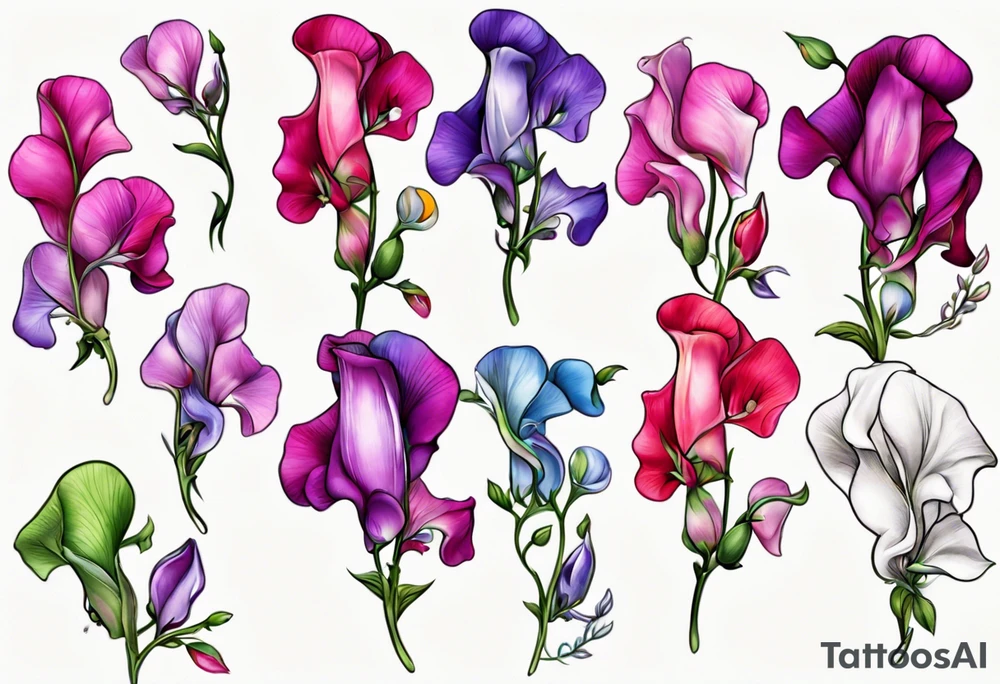 sweet pea flowers, multi color tattoo idea