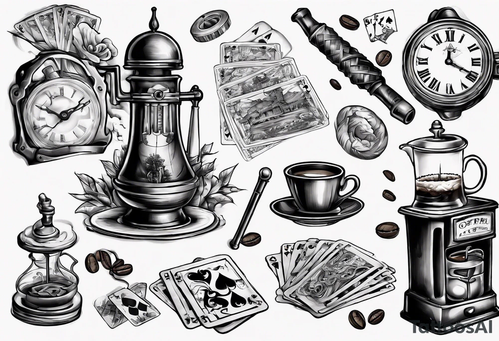 mounting landscape.
In a middle an antique clock at 9:44pm. across the tattoo a cinema film. game of poker 4 cards. a old walking stick and 
Italian coffee maker. tattoo idea