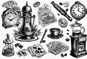 mounting landscape.
In a middle an antique clock at 9:44pm. across the tattoo a cinema film. game of poker 4 cards. a old walking stick and 
Italian coffee maker. tattoo idea