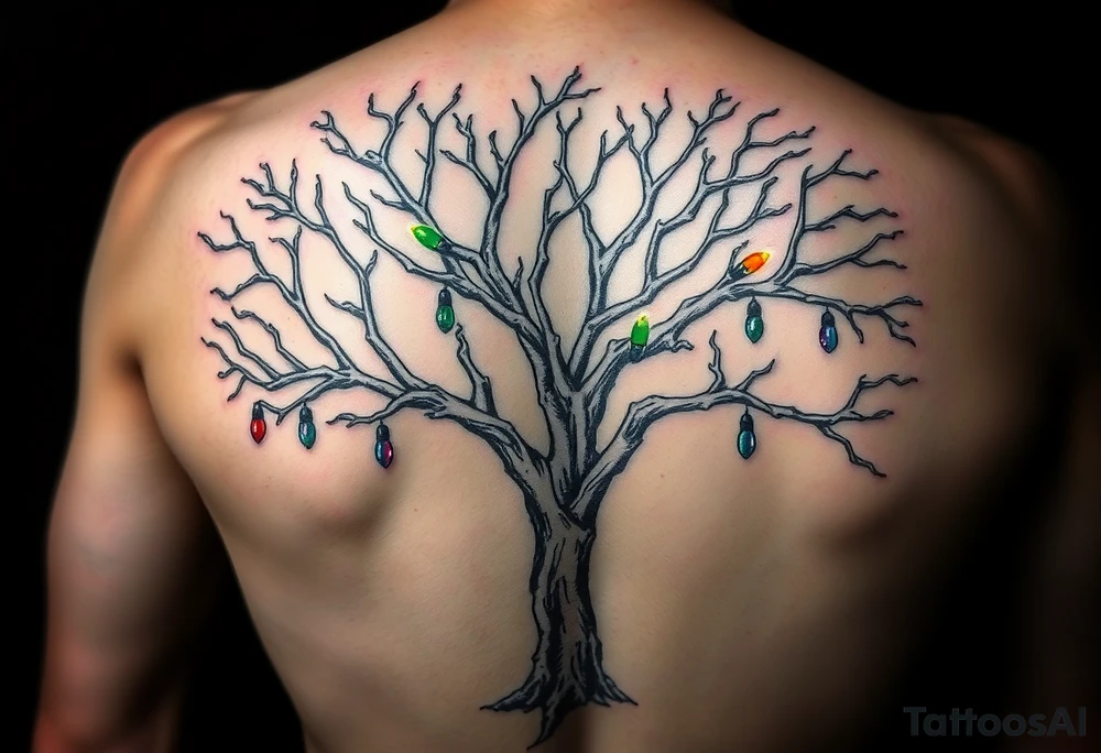 An eerie tree made out of human bones. The bigger the branches, the bigger the bones, so small branches will be hand and finger bones. There are also glass lights hanging throughout the tree and the lights are all colors of the rainbow. So this eerie tree is still somewhat beautiful tattoo idea