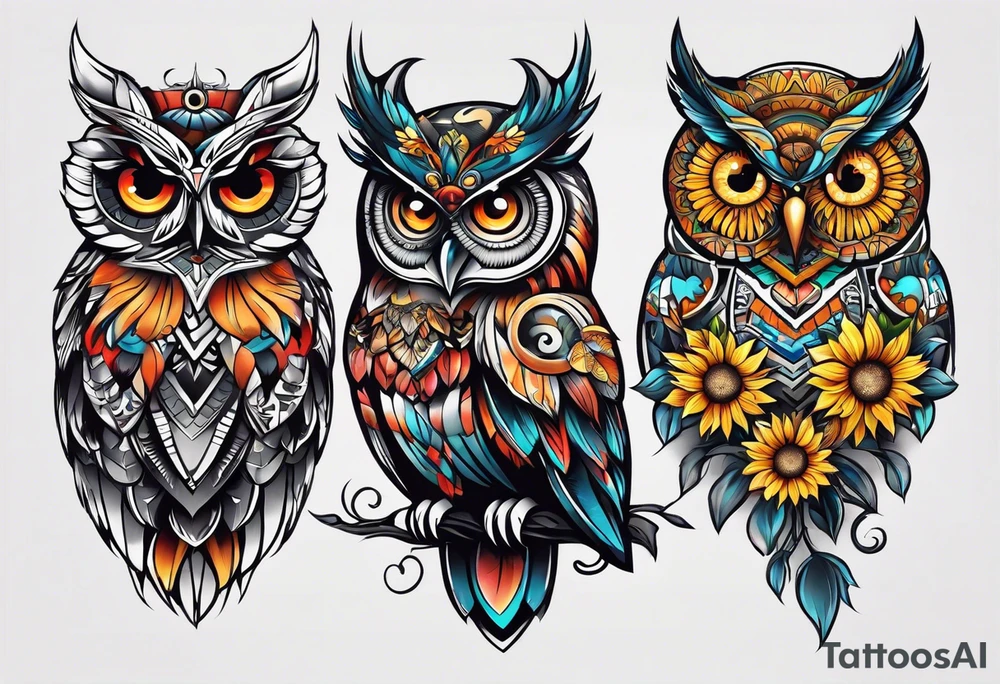 Owl, butterfly and sunflower are sleeve tattoo idea