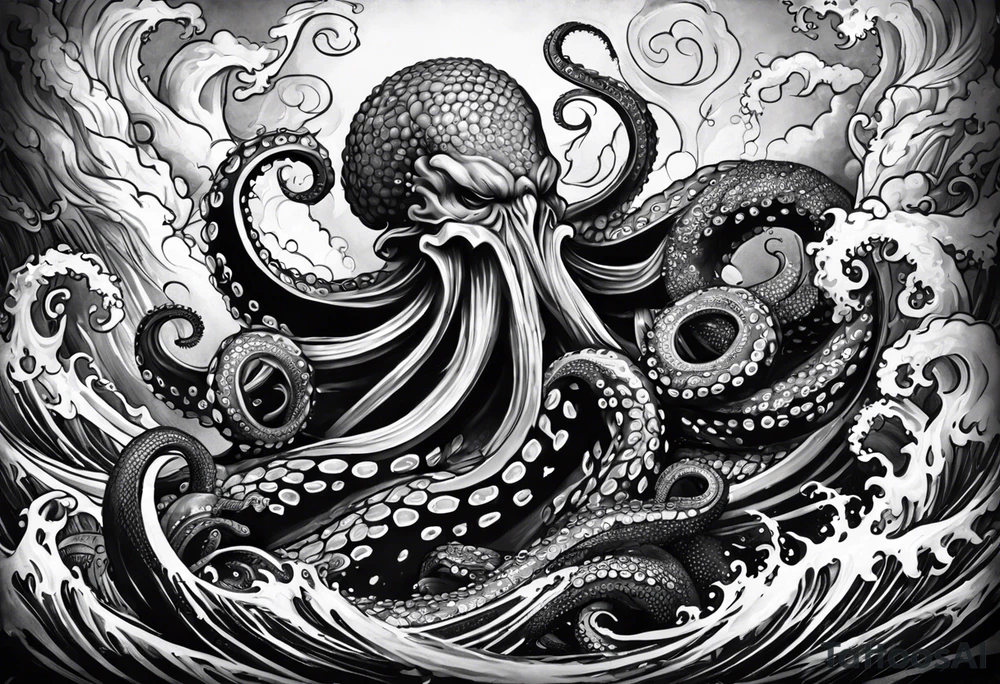 Kraken octopus wrapping tentacles Poseidon thrusting trident stormy sea tattoo idea