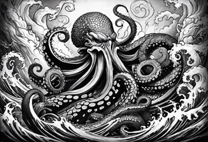 Kraken octopus wrapping tentacles Poseidon thrusting trident stormy sea tattoo idea