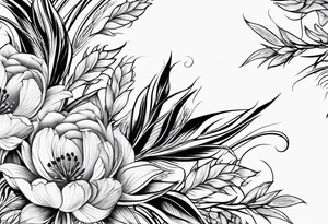 Vertical floral arm sleeve with wheat and dragonflower and florals and tulips tattoo idea