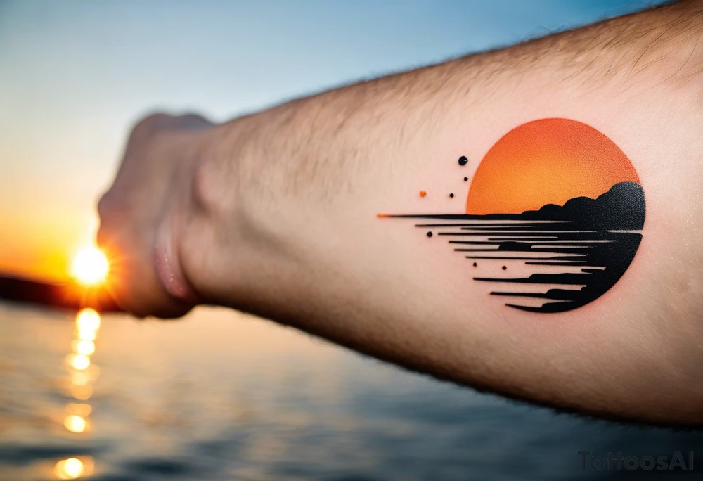 This is an extremely simple and minimalistic tattoo on male forearm. It is black and white with minuscule splashes of orange from the sun. The tattoo 4 inches wide by 2 inches tall. From the perspective of being on the ocean, Water is calm, with no waves in sight, the sun is setting behind the ocean, reflecting light onto the ocean. tattoo idea