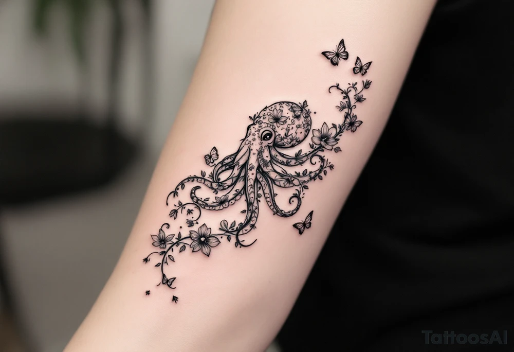 A simple fine-line tattoo design of a single octopus made entirely of flowers and butterflies. The octopus’s tentacles are shaped like flowing floral vines with leaves and petals, and its body is composed of overlapping blossoms and butterfly wings. Incorporate sacred geometry. The style is minimalist, elegant, and nature-inspired, with delicate black and grey lines, soft shading, and no outlines. No aquatic or marine elements besides the floral octopus. Simple. The design flows organically down the upper arm or shoulder, with a light, airy feel, minimalist tattoo idea