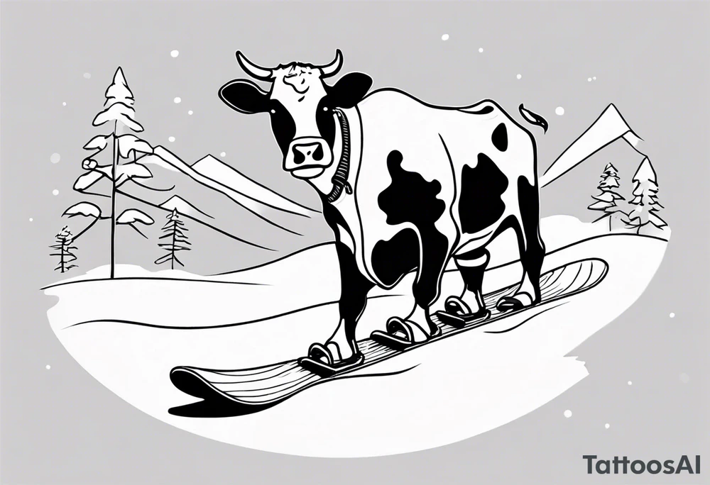Generate a minimalist and simple black and white tattoo design featuring a joyful cow snowboarding, wearing goggles. Focus on essential lines and details to convey the playful spirit of the scene. The cow should exude confidence while effortlessly snowboarding down a snowy slope. Keep the design clean and uncluttered, suitable for a small to medium-sized tattoo space. Emphasize the charm and whimsy with the addition of goggles, ensuring the overall aesthetic remains simple and minimalistic. The goal is to create a visually appealing and easily recognizable tattoo that captures the essence of a cow enjoying a snowboarding adventure tattoo idea