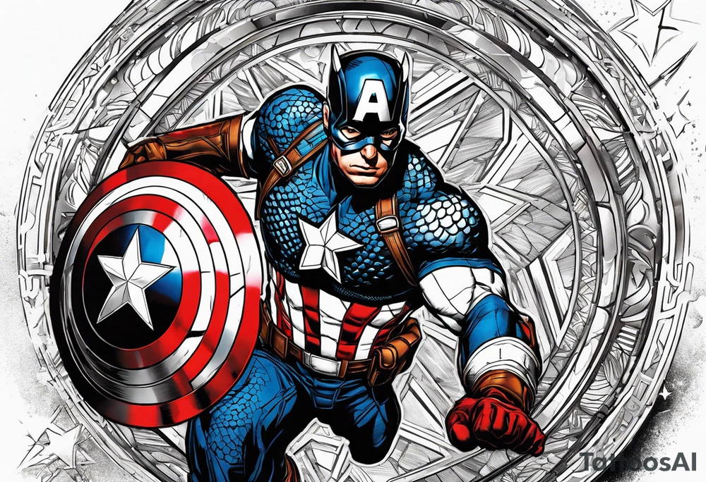 The tattoo shows Captain America throwing his iconic shield with impressive force. His uniform is meticulously detailed, with the stars and stripes of his costume standing out in relief. The shield, with its vibrant colors and distinctive design, is shown in mid-rotation, capturing the character's energy and bravery. tattoo idea