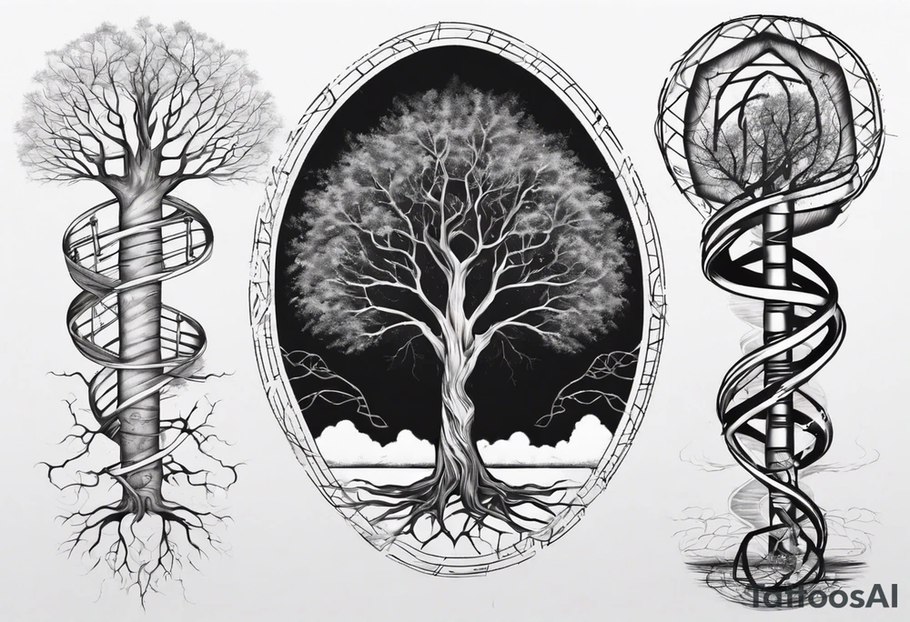 Tree with no leaves with it's main trunk main of DNA with geometic work on sides tattoo idea Tree with no leaves with it's main trunk main of DNA with geometic work on sides tattoo idea