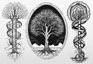 Tree with no leaves with it's main trunk main of DNA with geometic work on sides tattoo idea