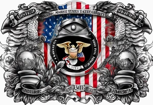 United States Marine Corps and American Flag arm sleeve with soldiers memorial tattoo idea