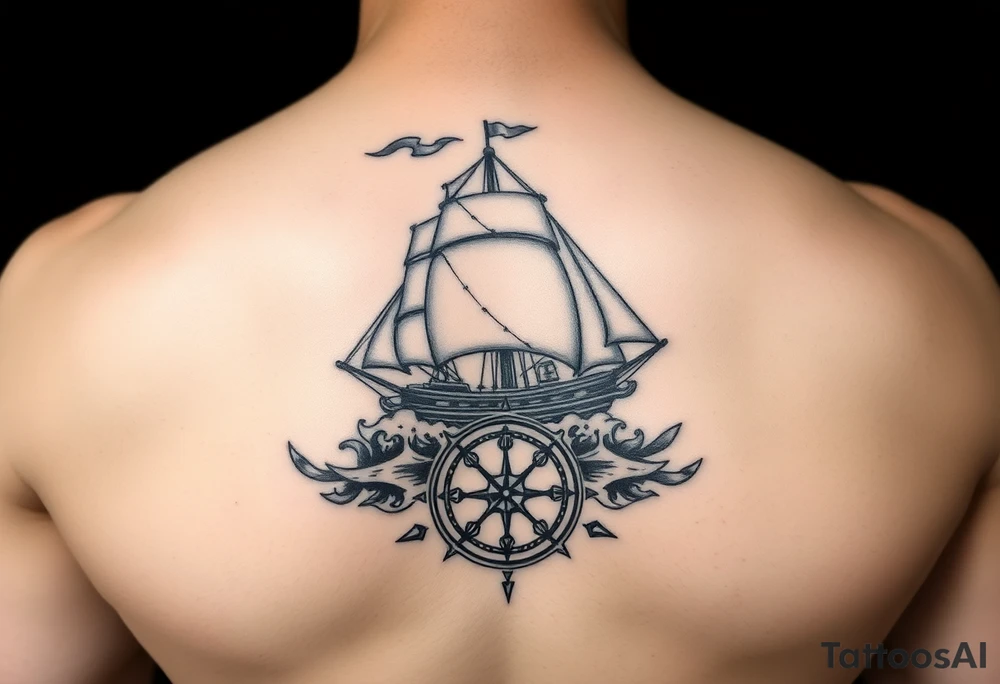 a ship in stormy seas,under it a compass. tattoo idea