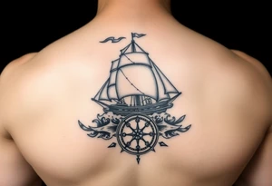 a ship in stormy seas,under it a compass. tattoo idea