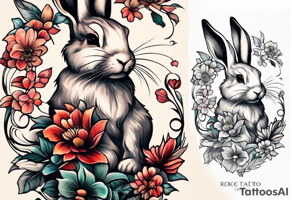 Rabbit and flowers, spine tattoo cover up long tattoo tattoo idea