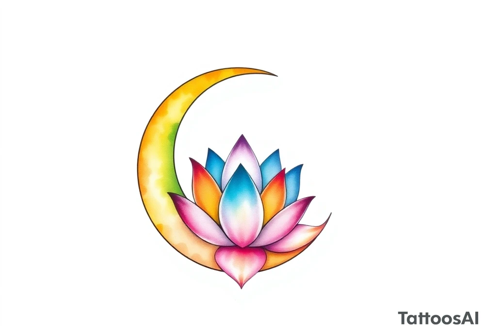 small colorful crescent moon with lotus flower tattoo idea