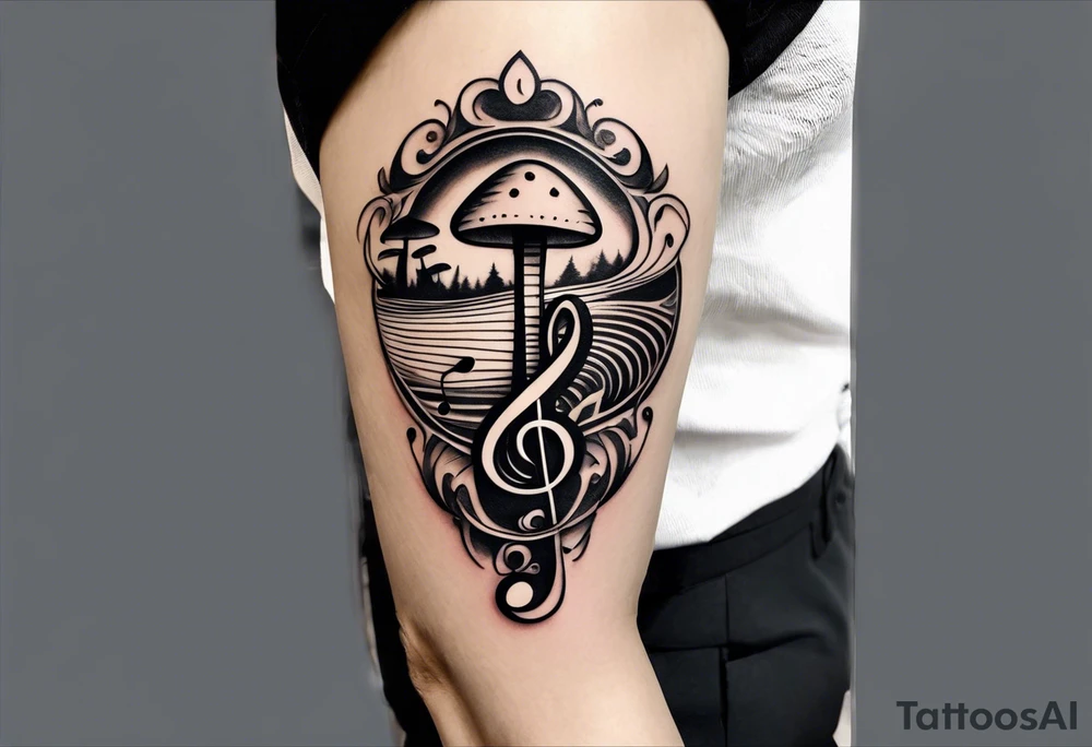 lots of empty space with simple line of icons down the back of the arm. there are four icons in this order:

1. a music note on a staff
2. a wave of water
3. a pocket
4. mushroom tattoo idea