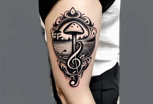lots of empty space with simple line of icons down the back of the arm. there are four icons in this order:

1. a music note on a staff
2. a wave of water
3. a pocket
4. mushroom tattoo idea