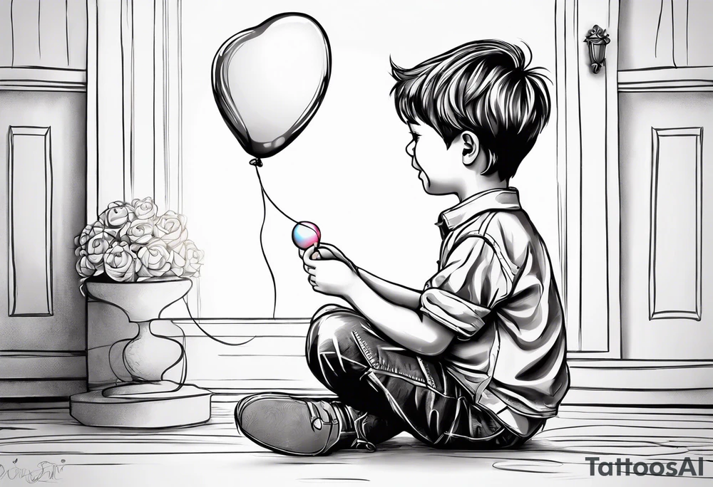 tatoo in sketch style only.
A little boy is holding a string to the hearth shaped small party baloon.
boy should be drawed from behind and has one hand reaching up in 45 degree angle and holding the baloon string
On the string is a wave which look like a hearbeat pulse.
draw it without any scenery, without any background. Just a boy tattoo idea
