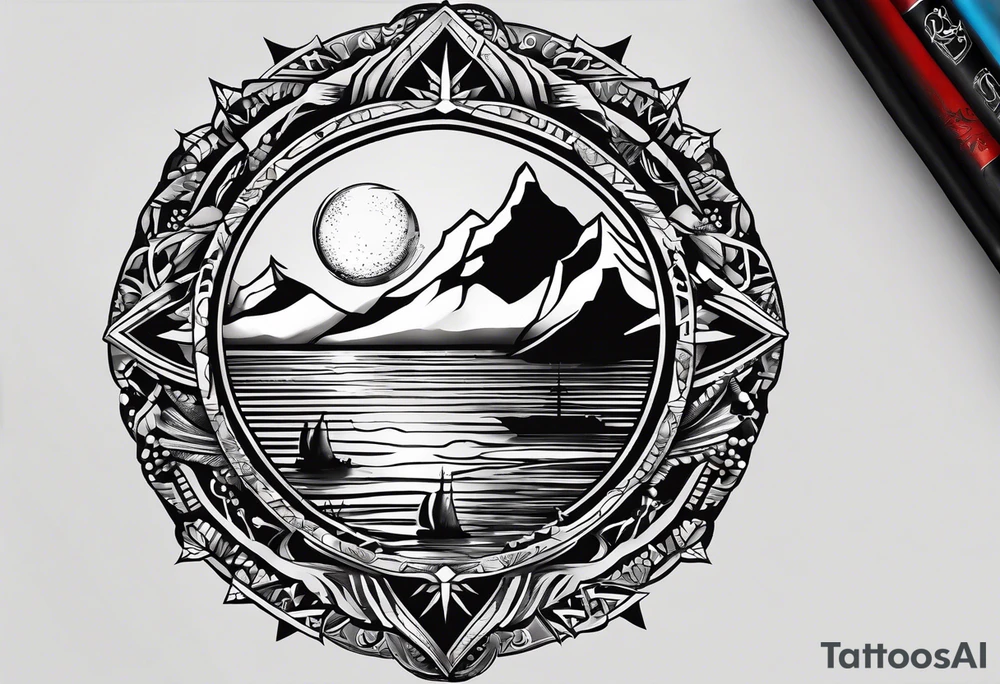 A tattoo with the word "HARK" include images related to rock climbing, traveling, and lakes. tattoo idea