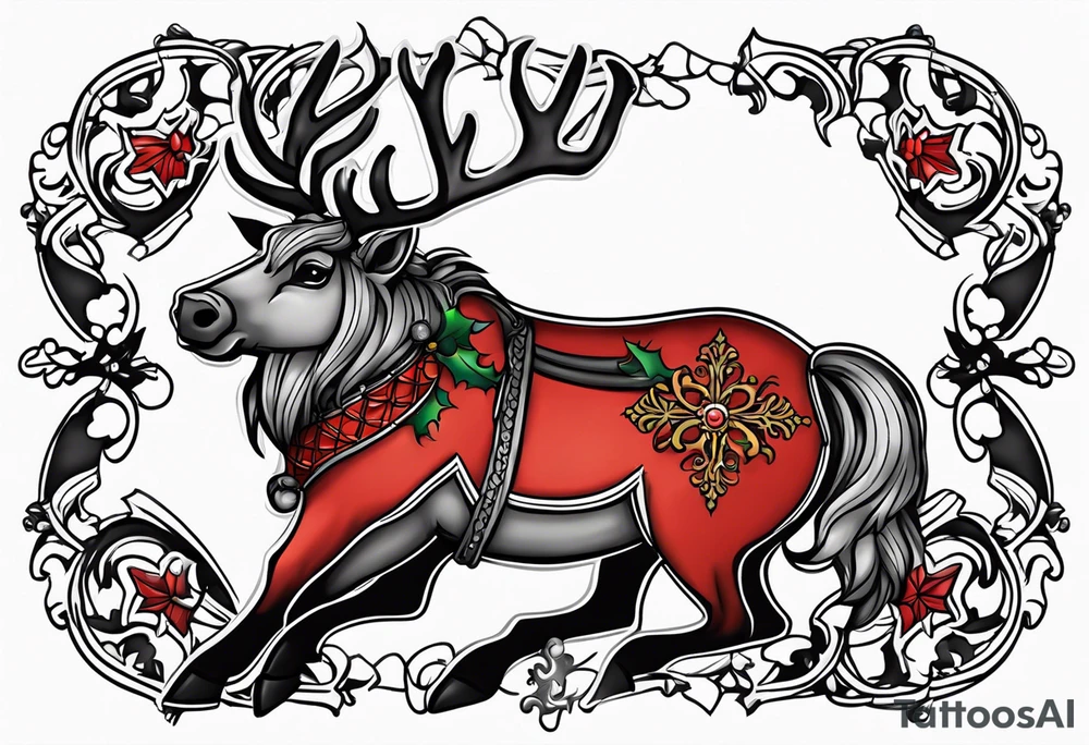 draw me a tattoo on a white background in color in tattoo style 
There will be a rope going down from it 
To which Santa Claus's sleigh is tied, but in the sleigh with reindeer there will be a krampus instead of a grandfather and they will be surrounded by a large snowflake tattoo idea