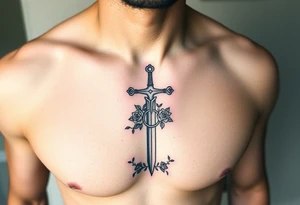 A gothic cross with a sword tip on the bottom going through an infinity sign and has roses and vines growing around tattoo idea