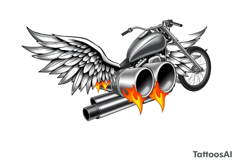 Low rider grey motorcycle, big muffler pipes with flames, angel wings tattoo idea