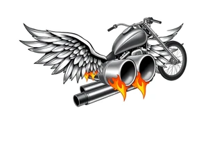 Low rider grey motorcycle, big muffler pipes with flames, angel wings tattoo idea