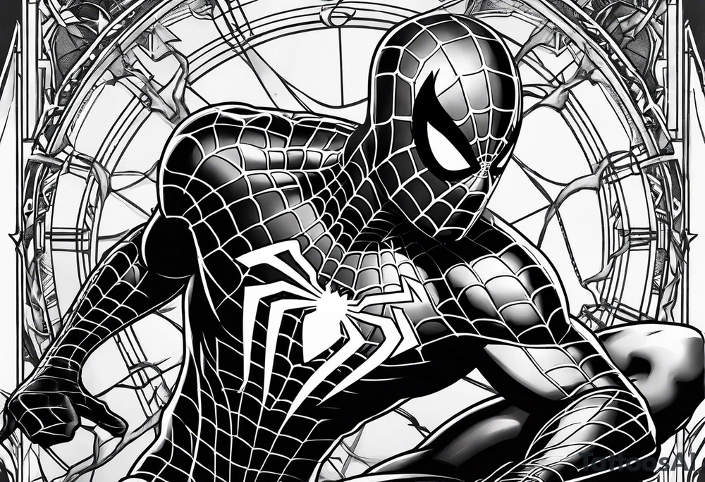 black suit spider-man on tower tattoo idea