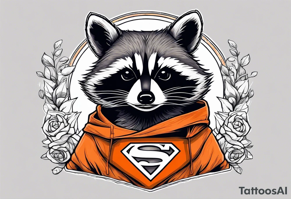Raccoon wearing an orange Superman hoodie tattoo idea