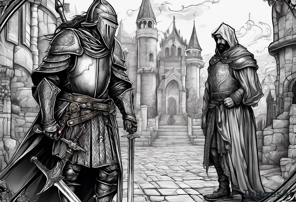 a beggar with a knight standing behind him for protection tattoo idea
