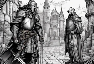 a beggar with a knight standing behind him for protection tattoo idea