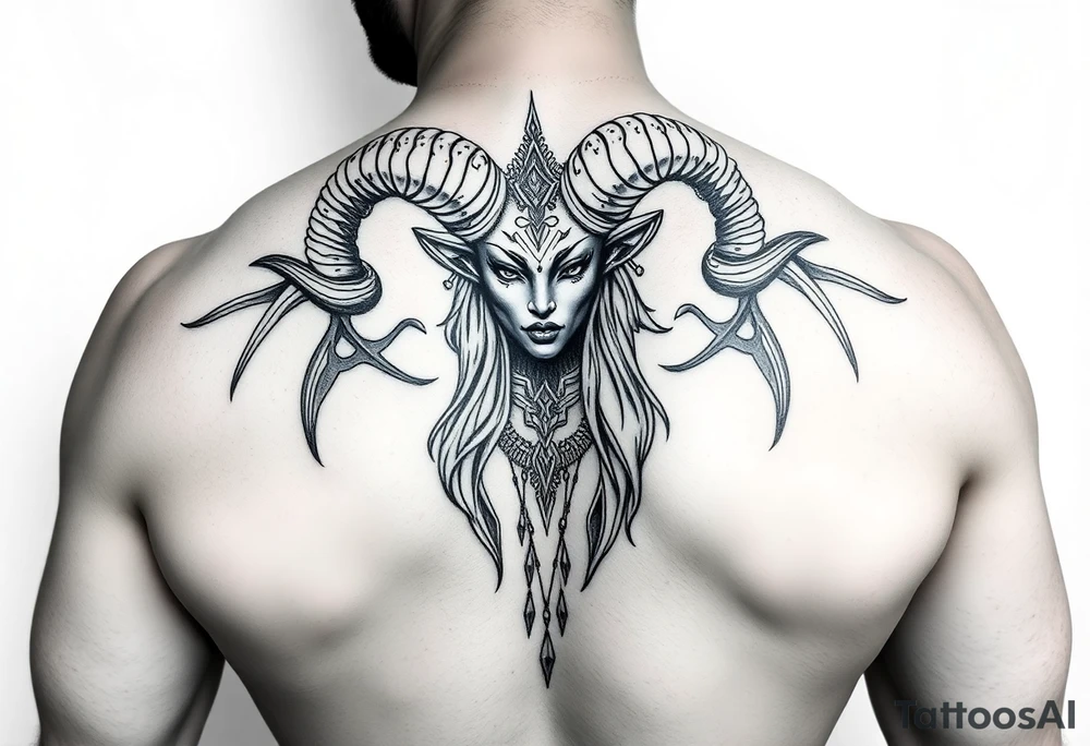 Powerful goddess being, with long ram like horns tattoo idea
