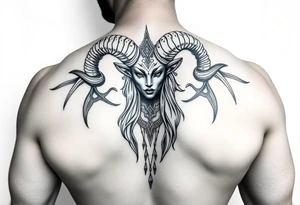 Powerful goddess being, with long ram like horns tattoo idea
