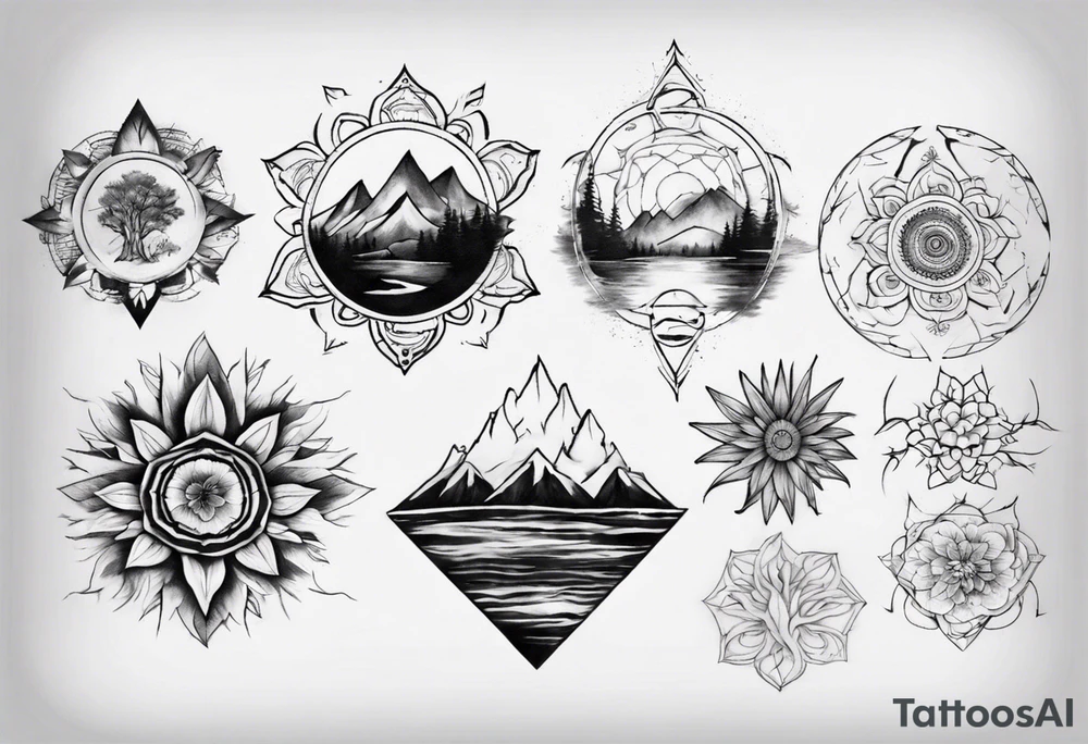 •	Create a mandala incorporating elements of nature like mountains, trees, and rivers to symbolize harmony and balance. tattoo idea
