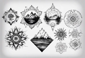 •	Create a mandala incorporating elements of nature like mountains, trees, and rivers to symbolize harmony and balance. tattoo idea