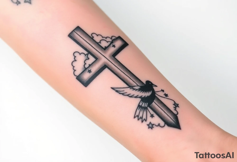 Big cross with clouds in the back everywhere  with a dove a the bottom left of the forearm with a blue circle ring it and the number 4 to the of the dove with whole tattoo covering the whole forearm tattoo idea
