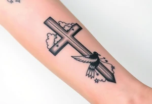 Big cross with clouds in the back everywhere  with a dove a the bottom left of the forearm with a blue circle ring it and the number 4 to the of the dove with whole tattoo covering the whole forearm tattoo idea