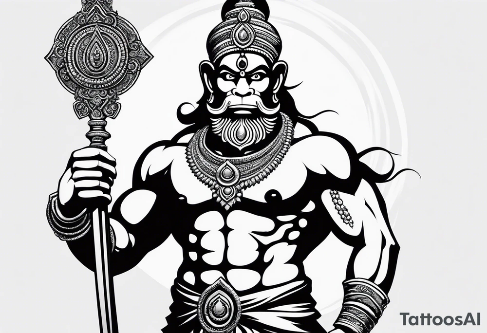 A simplified depiction of Hanuman, focusing on clean lines and minimal detail to capture his essence. Key features like his face, his mace (gada), and his posture could be subtly defined, without overwhelming detail. Avoid intricate textures, focusing more on silhouette and key symbolic elements.

ensure his entire body and tail 
can be seen tattoo idea