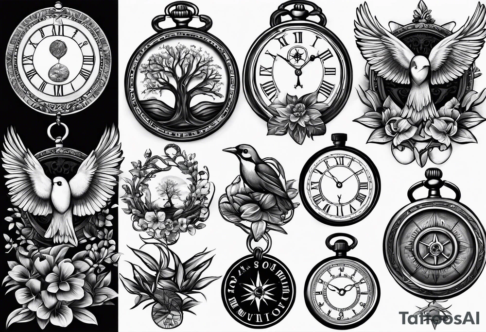 black and grey composition of three elements, 1), combination old school pocket watch and nautical compass, 2) a tree of life and 3) a doctor bird, connected together by lignum vitae flowers, on the arm 3/4 sleeve tattoo idea