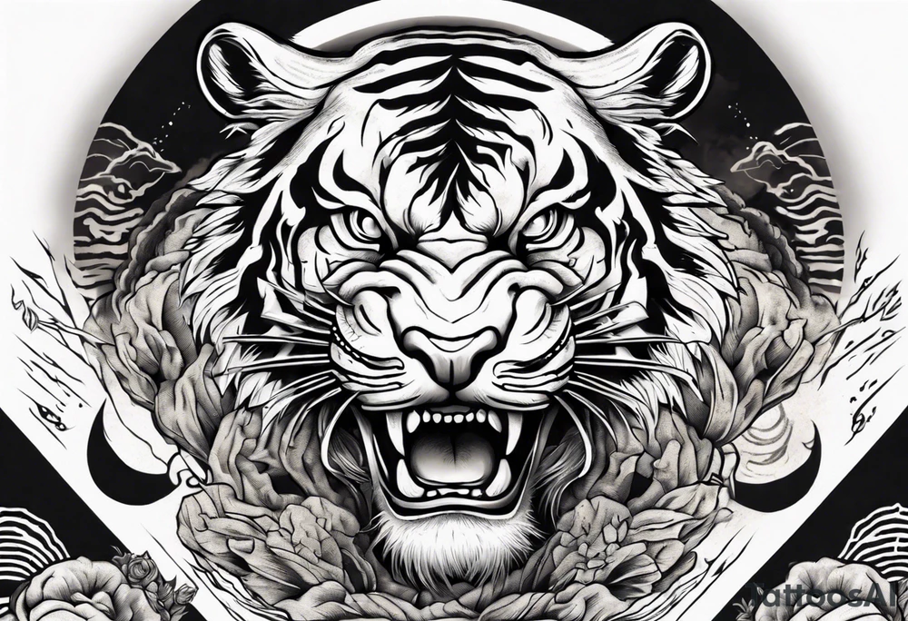 Ancient tiger with lightning and a sun for a forearm sleeve. With patterns surrounding it tattoo idea