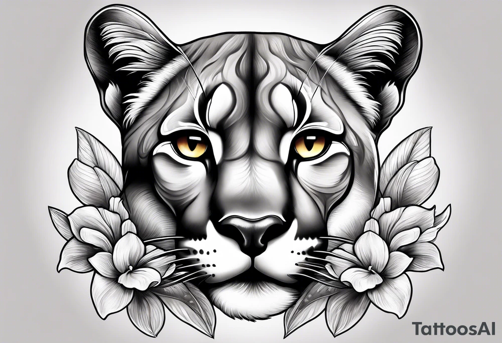 Mountain lion with orchids tattoo idea