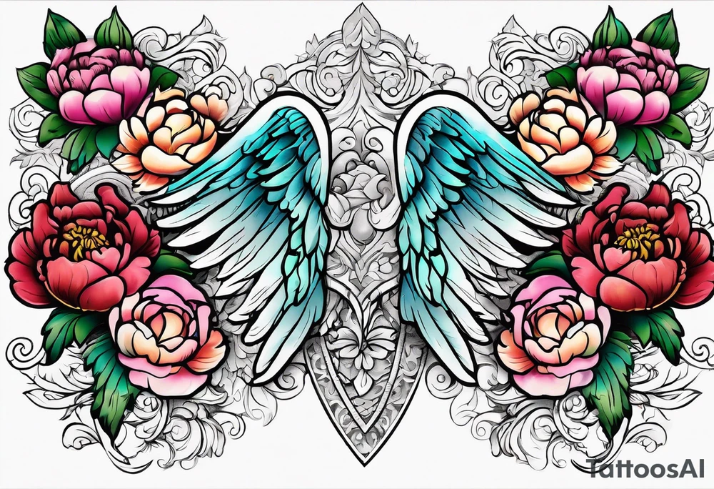 beautiful angel wings with colorful, peonies. beautiful flilligree in the background , full color, traditional old school , white background tattoo idea