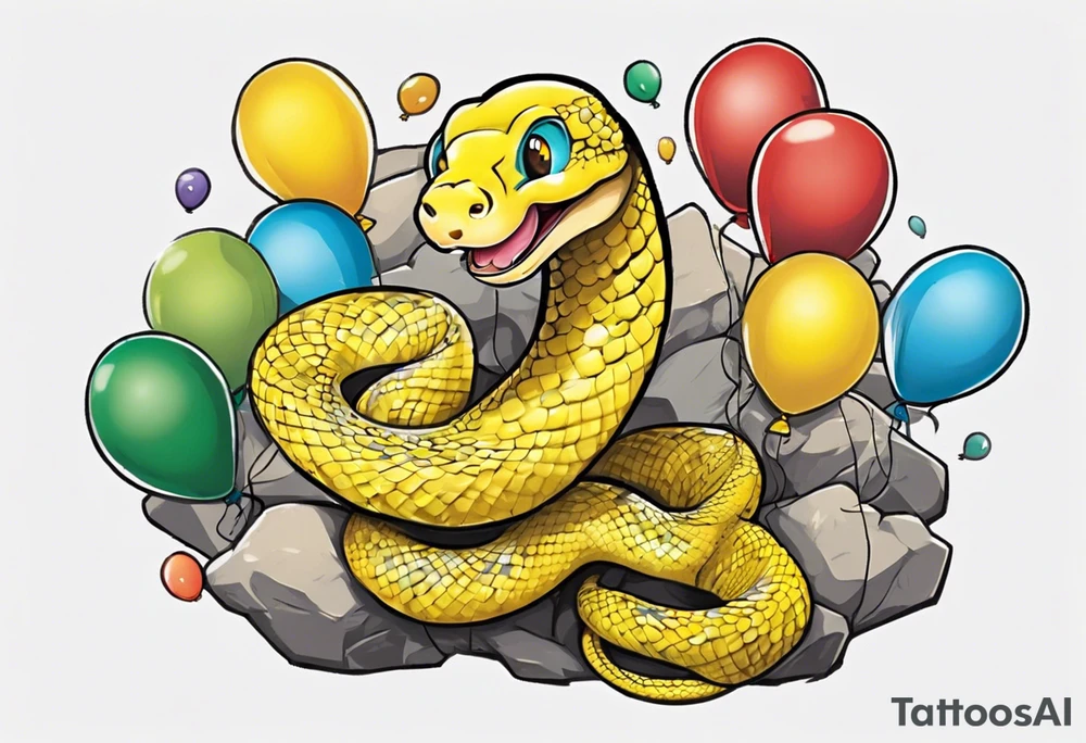 yellow python with colored ballons from movie up! aside and te-fiti stone on the other side tattoo idea