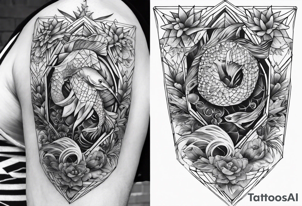 Ocean life full leg sleeve male geometric tattoo idea