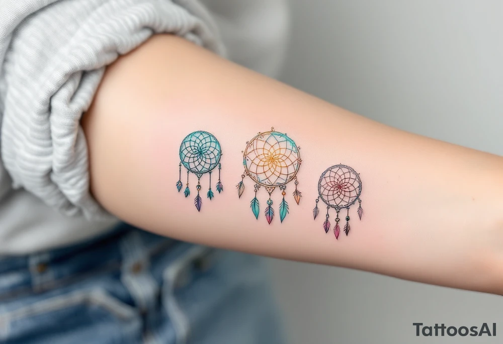 Three delicate dreamcatchers, each woven in a different hue—turquoise, gold, and silver—with small charms representing each person. tattoo idea