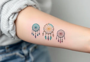 Three delicate dreamcatchers, each woven in a different hue—turquoise, gold, and silver—with small charms representing each person. tattoo idea